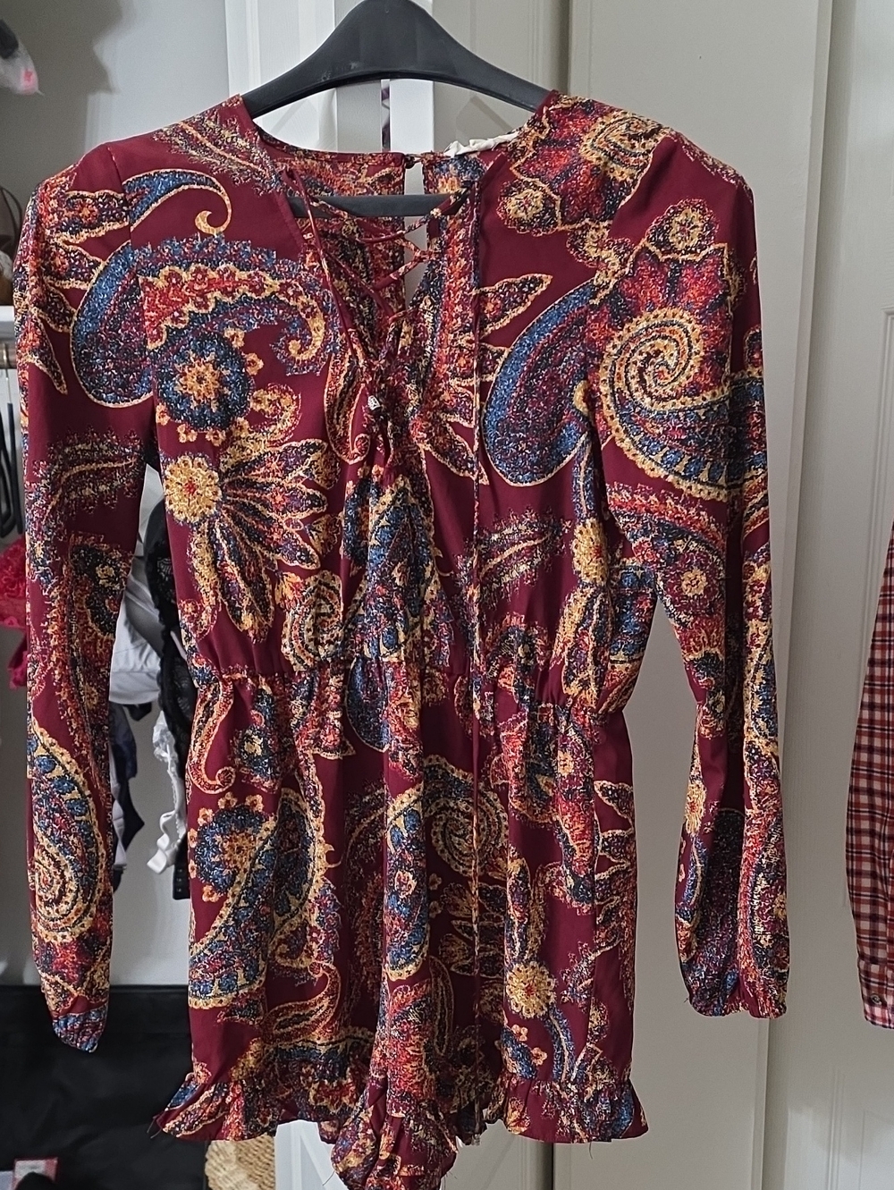 ILLA ILLA Burgundy Paisley Lace-Up Long-Sleeve Dress